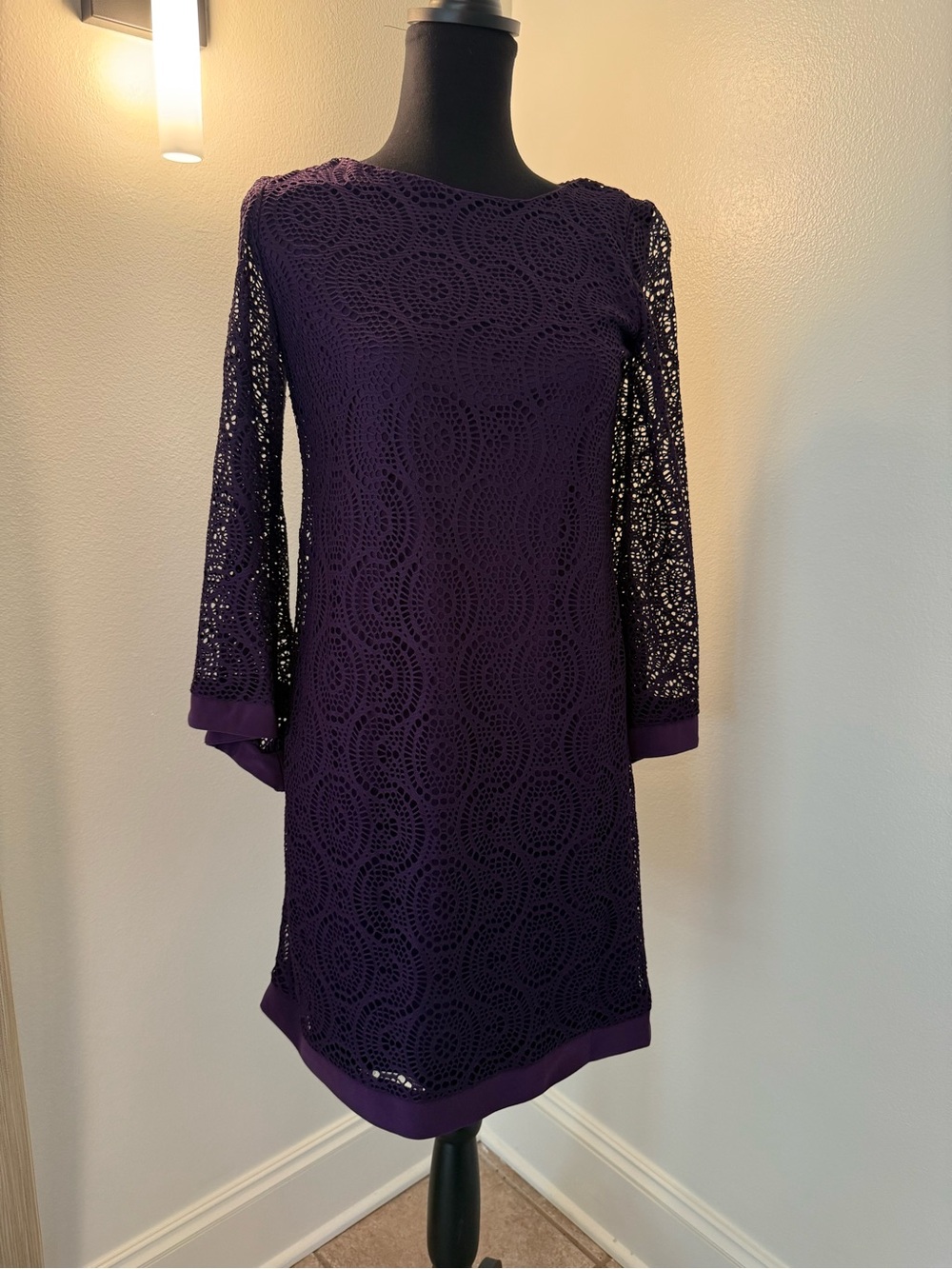 Elegant Purple Lace Shift Dress bell sleeves